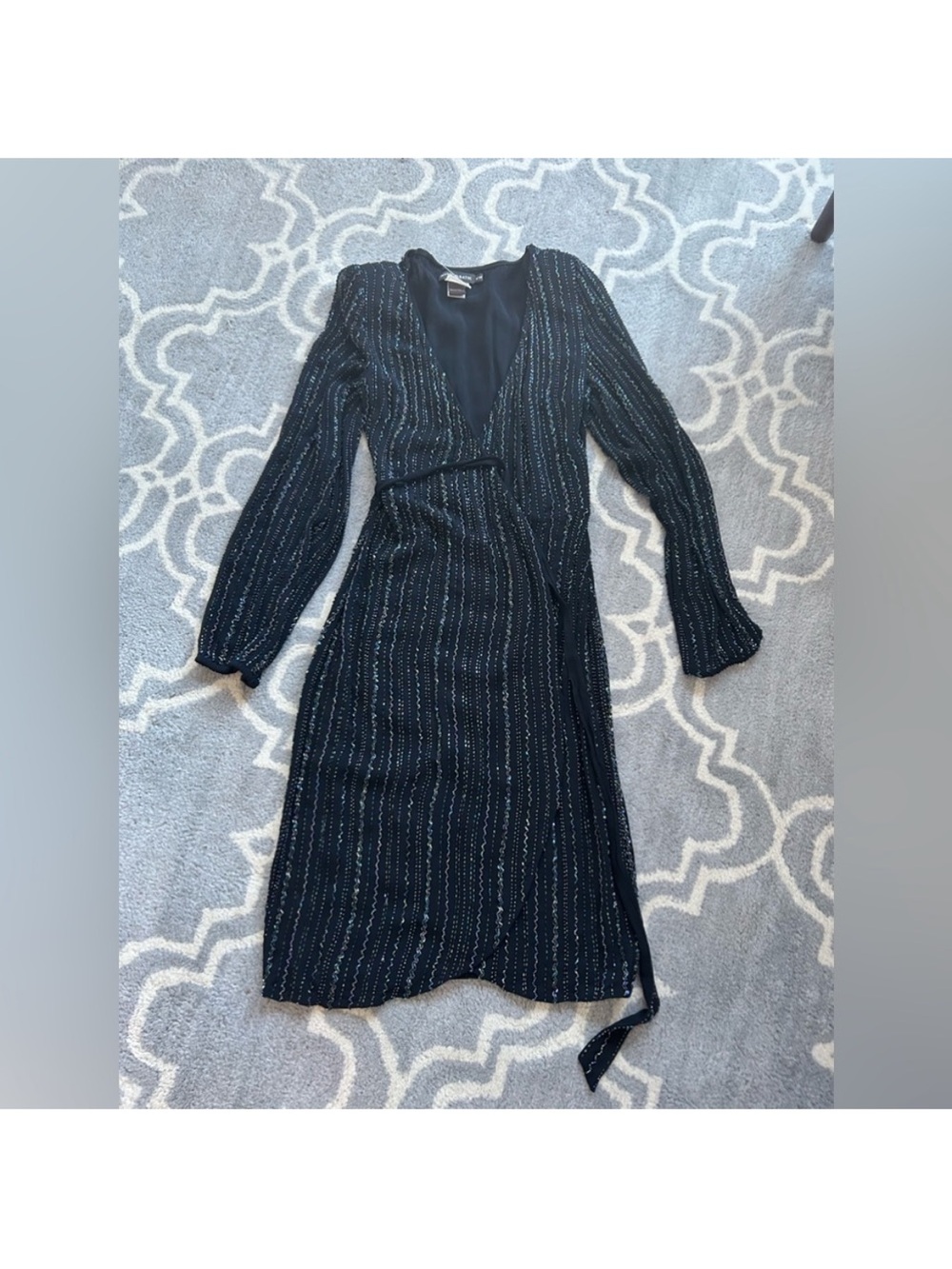 Antik Batik Black Long-Sleeve Metallic Stripe Wrap Dress Size 38 or Size S